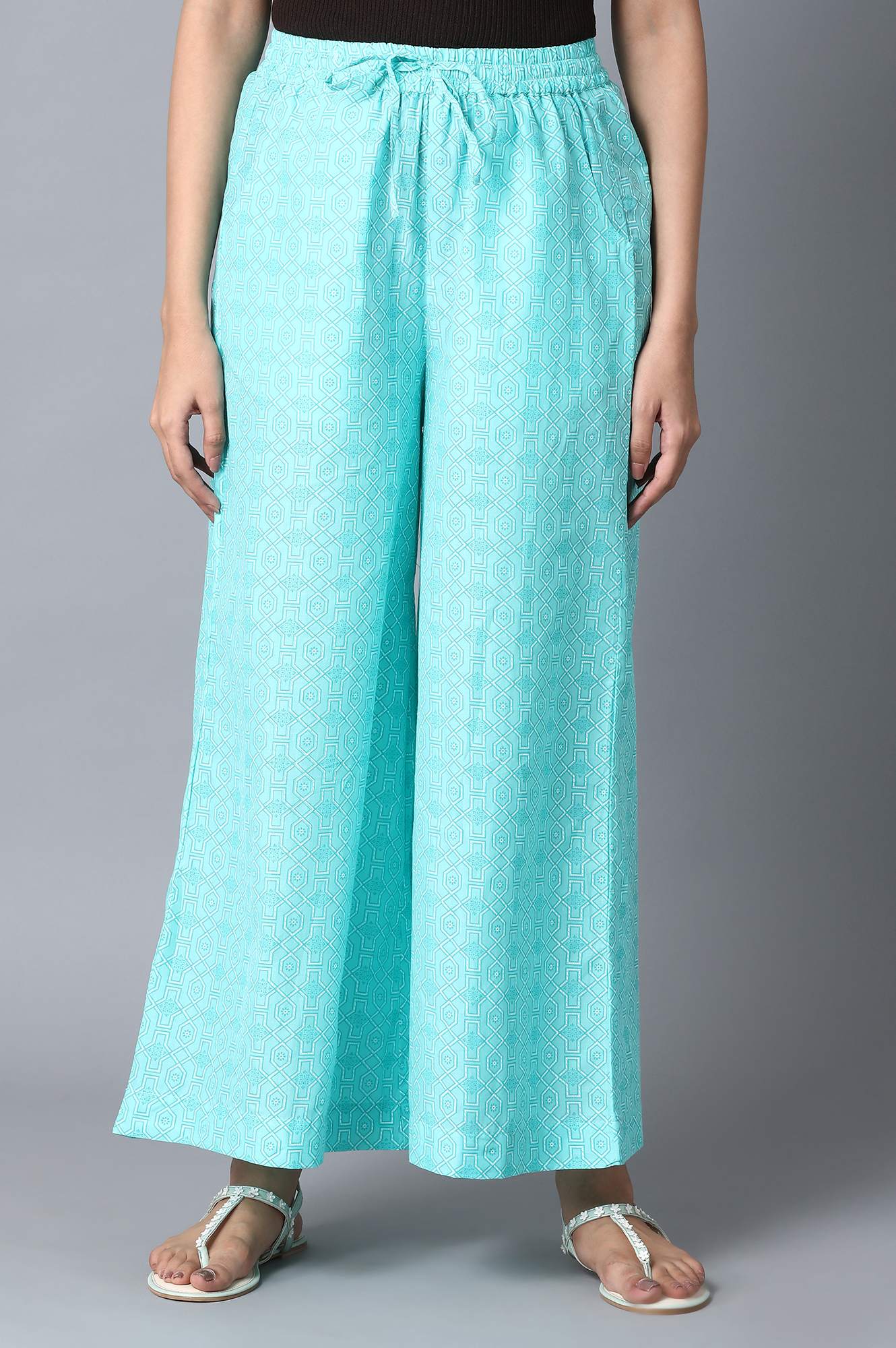 Light Blue Geometric Printed Straight Fit Cotton Palazzo With Drawstring