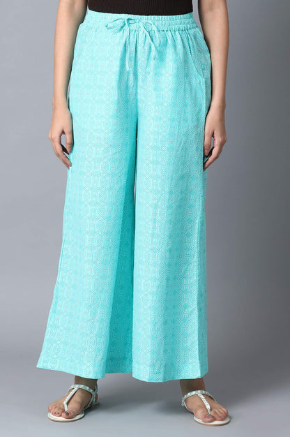 Light Blue Geometric Printed Straight Fit Cotton Palazzo With Drawstring