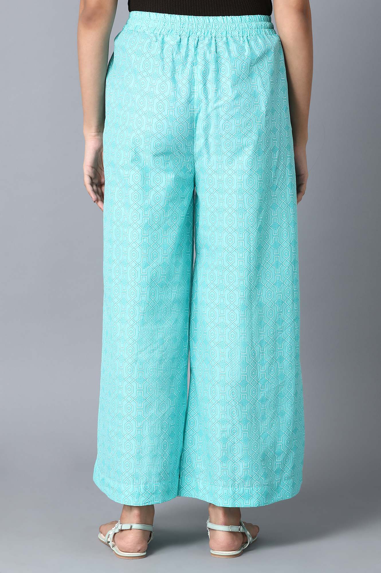 Light Blue Geometric Printed Straight Fit Cotton Palazzo With Drawstring