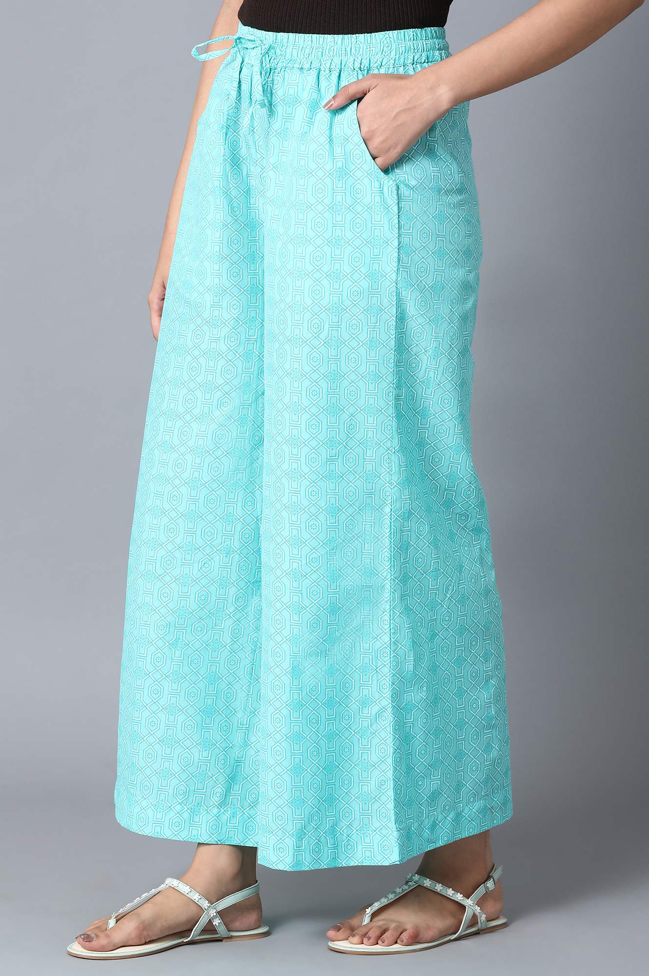Light Blue Geometric Printed Straight Fit Cotton Palazzo With Drawstring