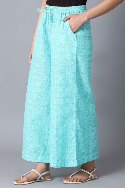 Light Blue Geometric Printed Straight Fit Cotton Palazzo With Drawstring