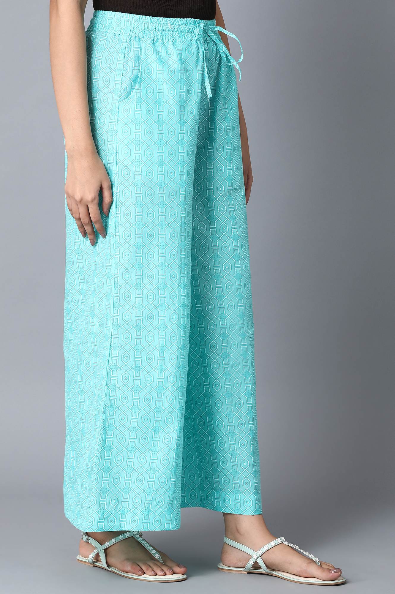 Light Blue Geometric Printed Straight Fit Cotton Palazzo With Drawstring