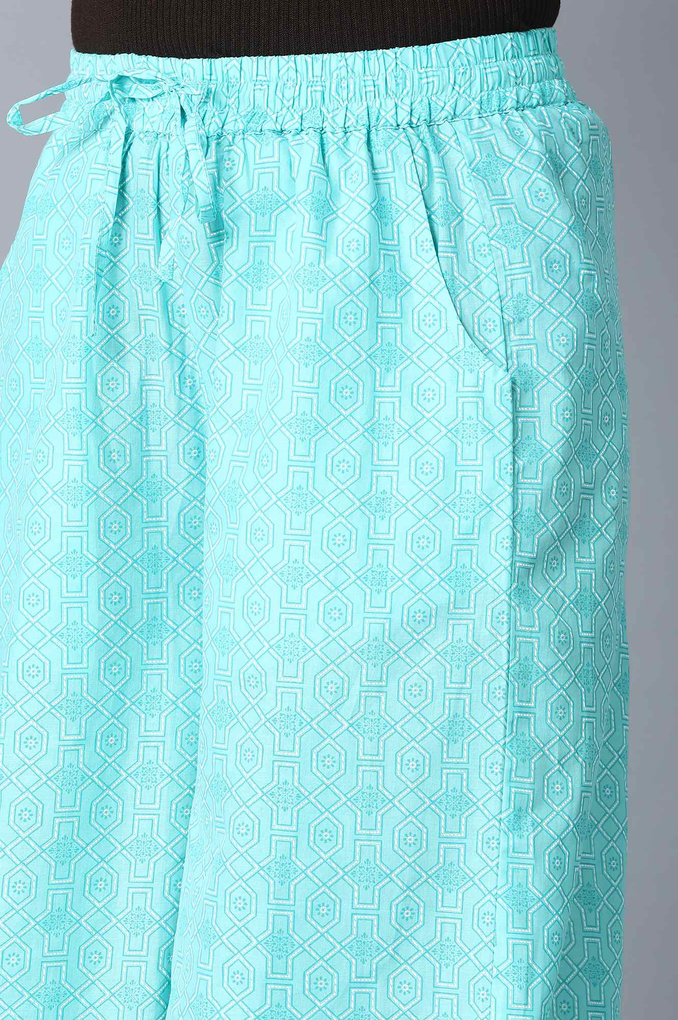 Light Blue Geometric Printed Straight Fit Cotton Palazzo With Drawstring