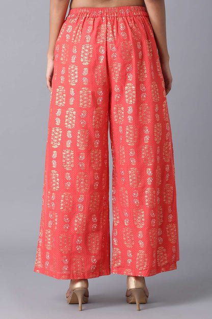 Red Floral Printed Wide Leg Cotton Palazzo With Elasticated Waist