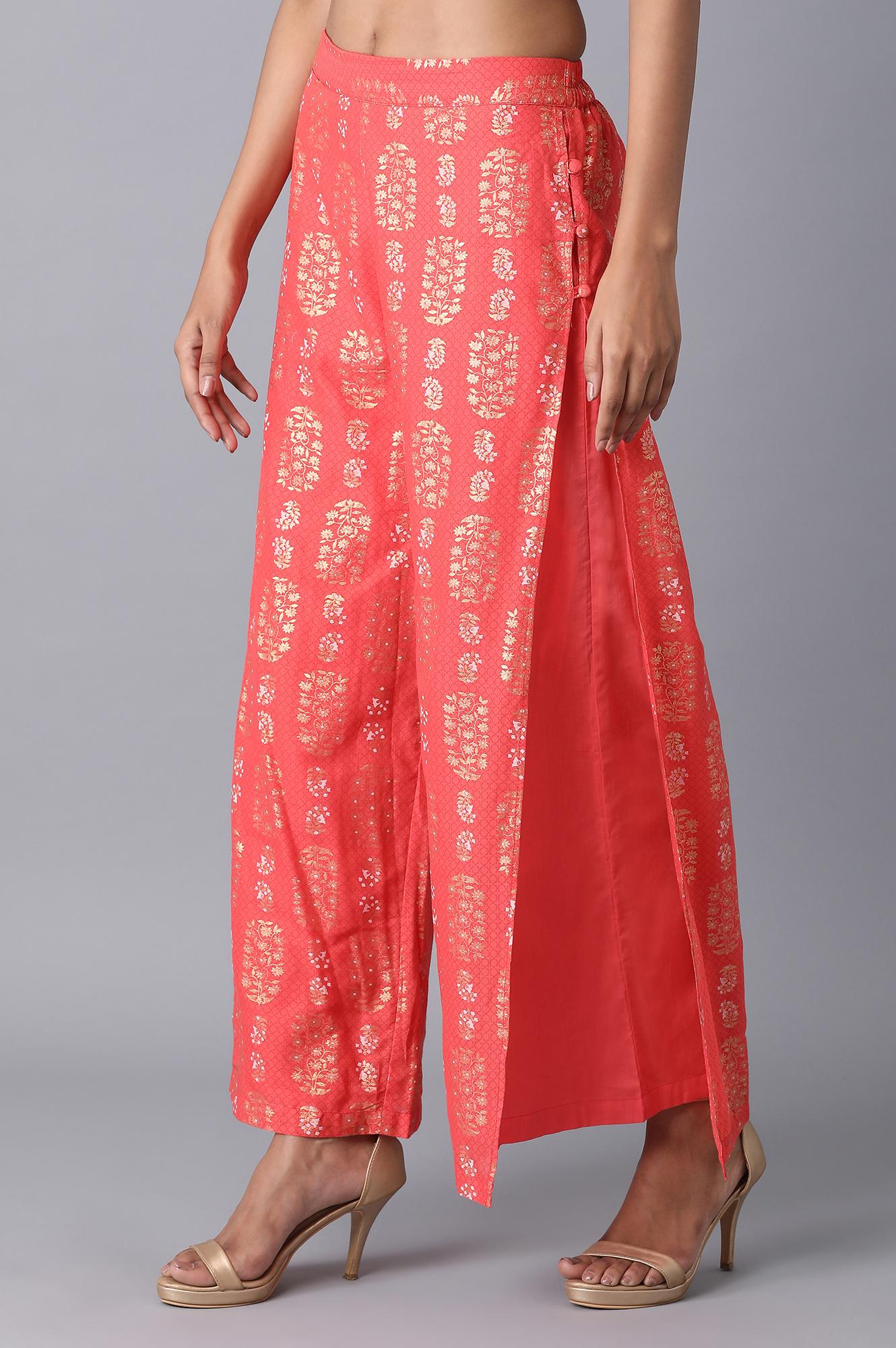Red Floral Printed Wide Leg Cotton Palazzo With Elasticated Waist