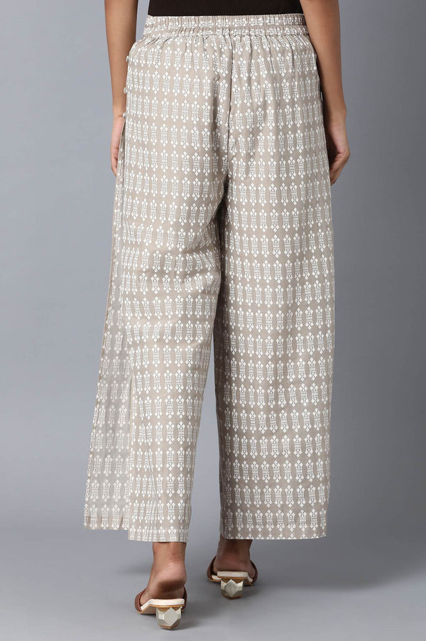 Beige Floral Printed Flared Cotton Palazzo With Elasticated Waist