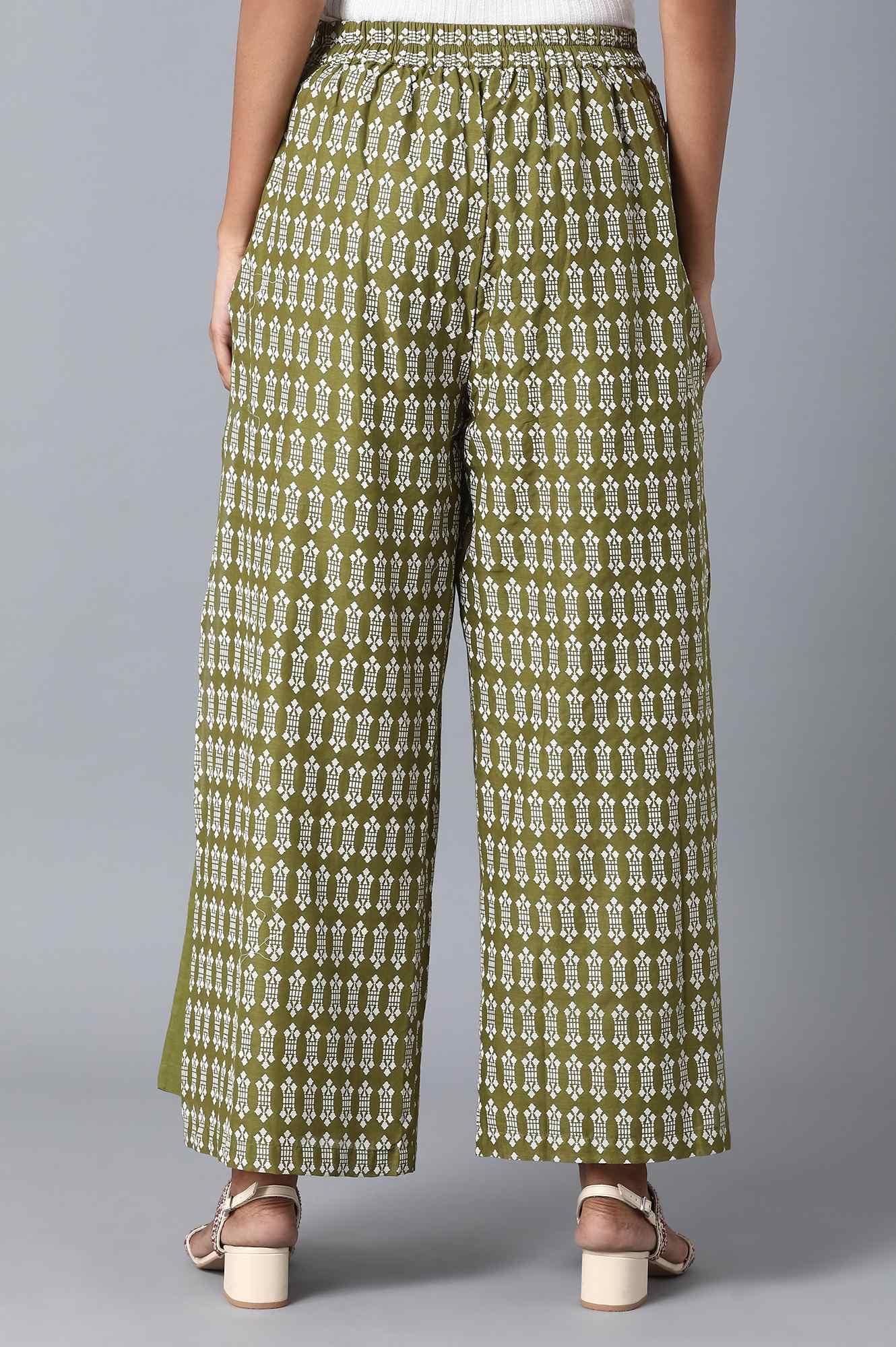 Olive Floral Printed Flared Cotton Palazzo with Elasticated Waist