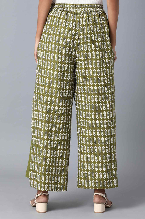 Olive Floral Printed Flared Cotton Palazzo with Elasticated Waist