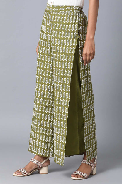 Olive Floral Printed Flared Cotton Palazzo with Elasticated Waist