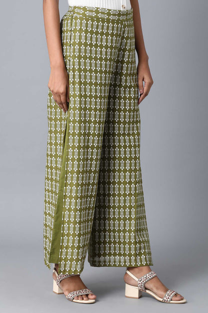 Olive Floral Printed Flared Cotton Palazzo with Elasticated Waist