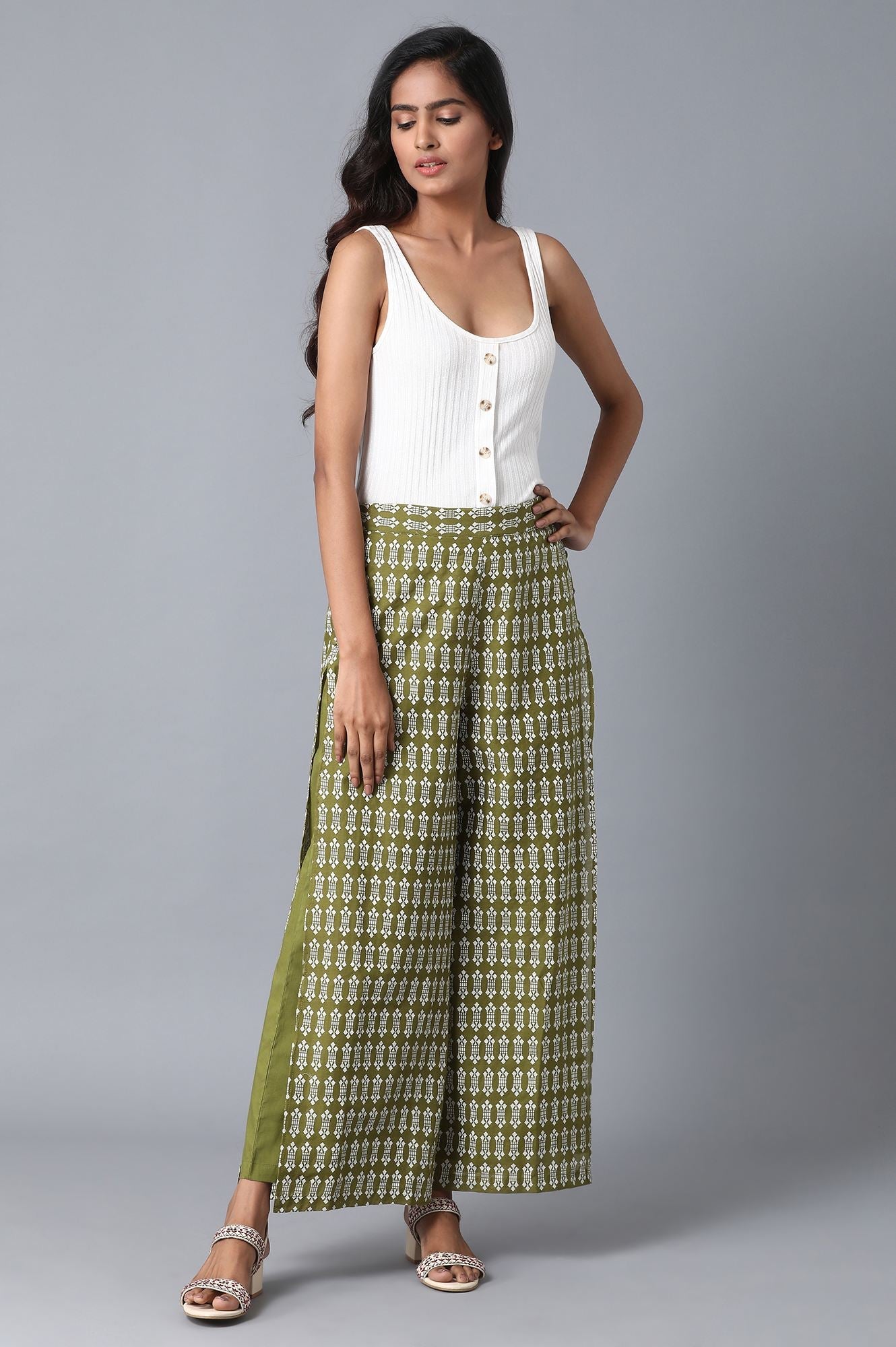 Olive Floral Printed Flared Cotton Palazzo with Elasticated Waist