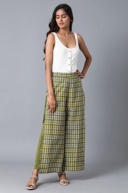 Olive Floral Printed Flared Cotton Palazzo with Elasticated Waist