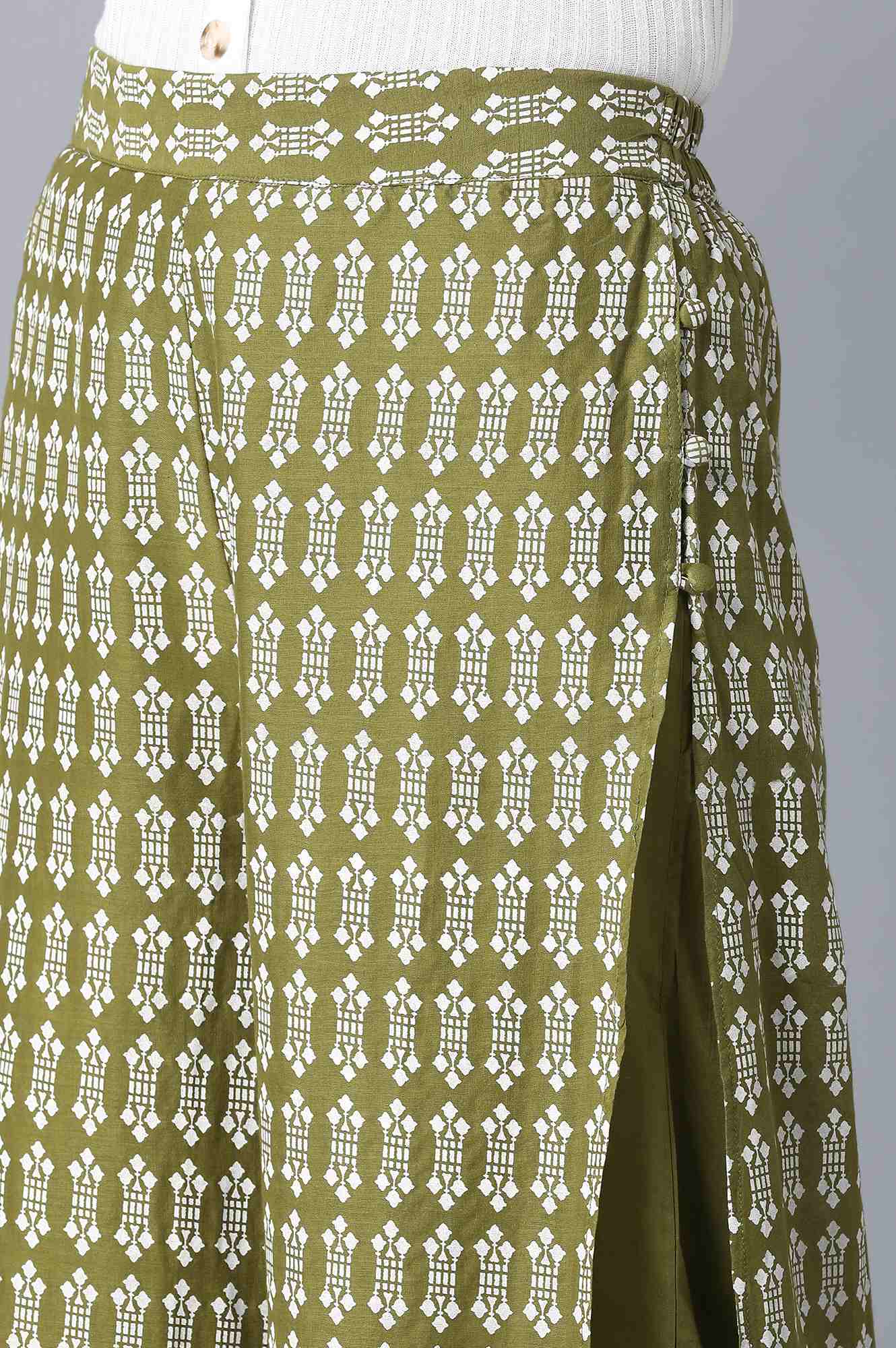 Olive Floral Printed Flared Cotton Palazzo with Elasticated Waist