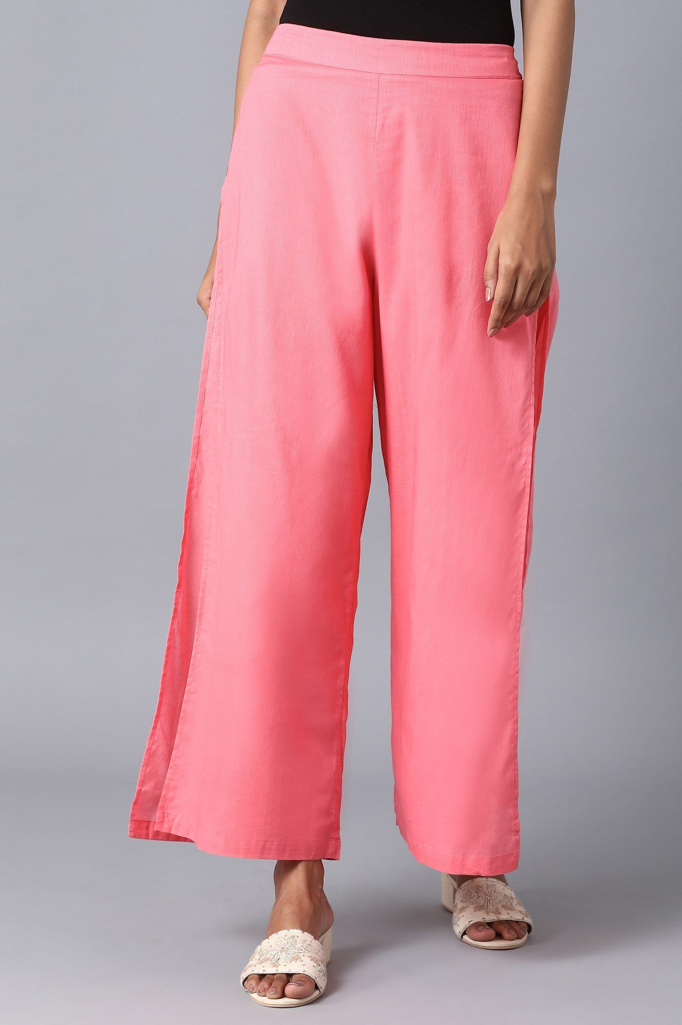 Pink Floral Straight Fit Cotton Palazzo With Elasticated Waistband
