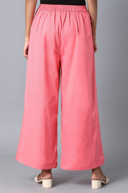 Pink Floral Straight Fit Cotton Palazzo With Elasticated Waistband