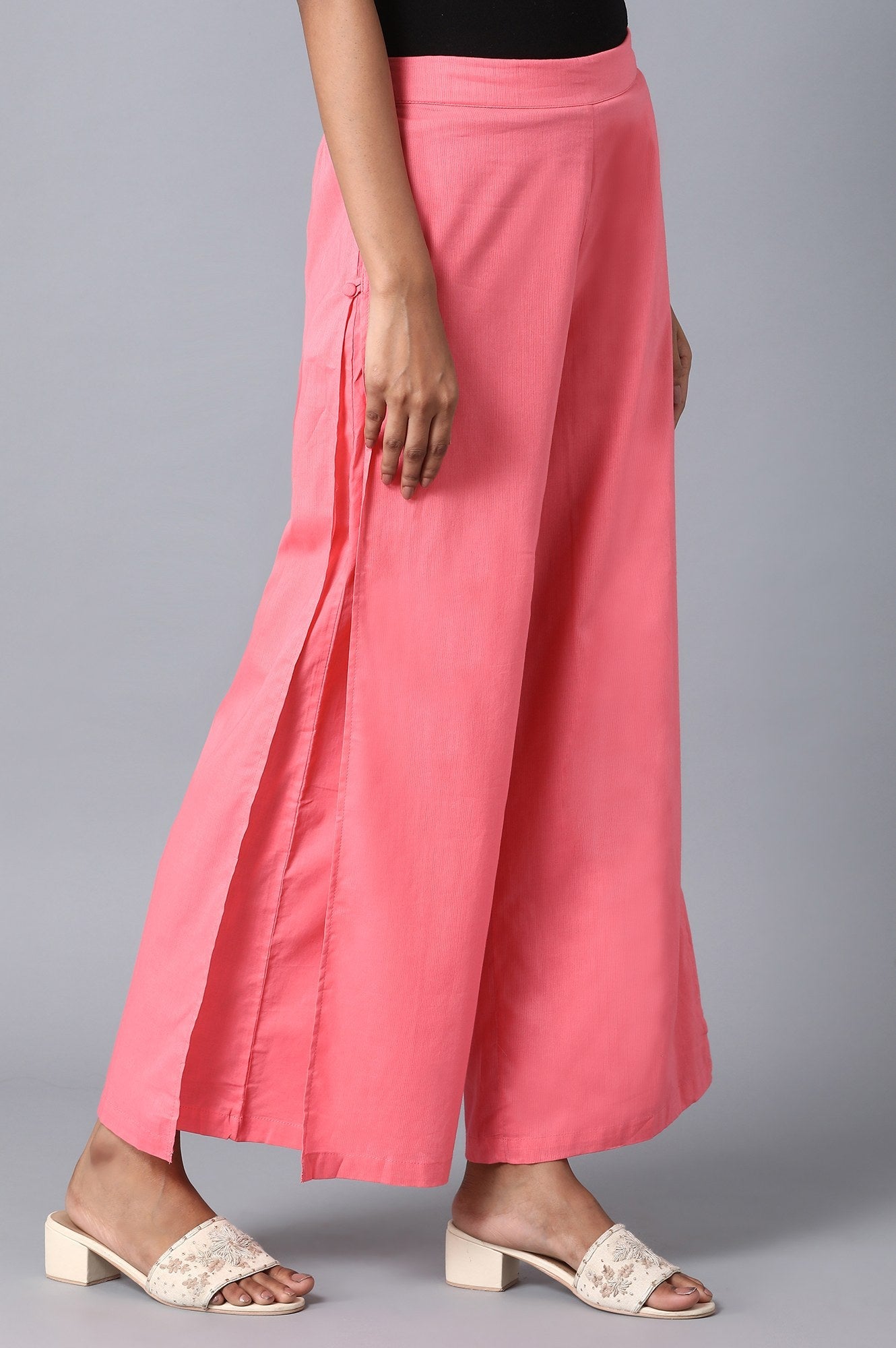 Pink Floral Straight Fit Cotton Palazzo With Elasticated Waistband