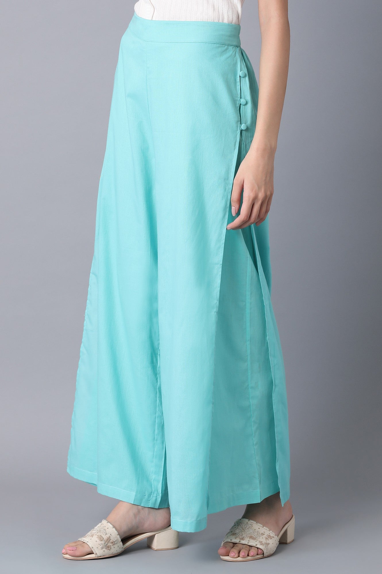 Aqua Green Floral Straight Fit Cotton Palazzo With Side Button Detail