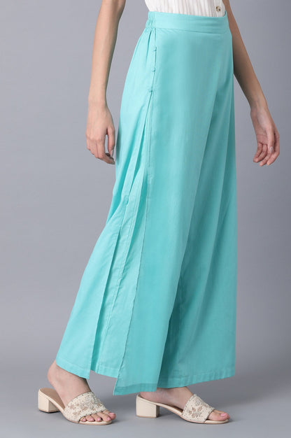 Aqua Green Floral Straight Fit Cotton Palazzo With Side Button Detail