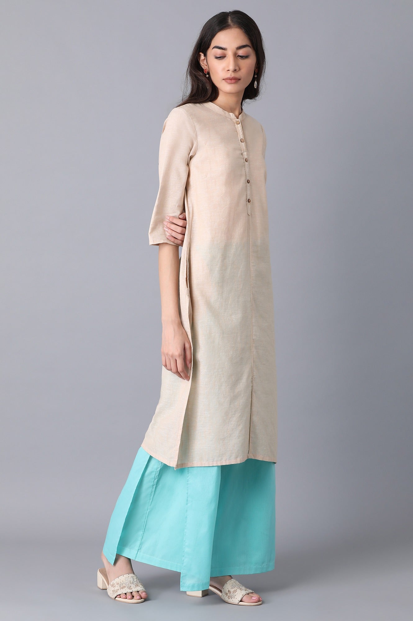 Aqua Green Floral Straight Fit Cotton Palazzo With Side Button Detail