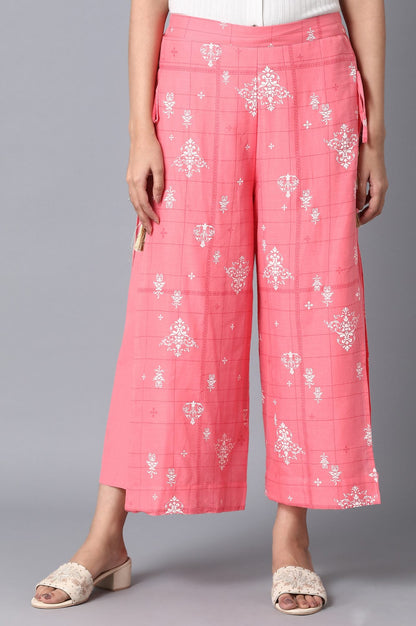 Pink Printed Wide Leg Cotton Palazzo With Drawstring Detail
