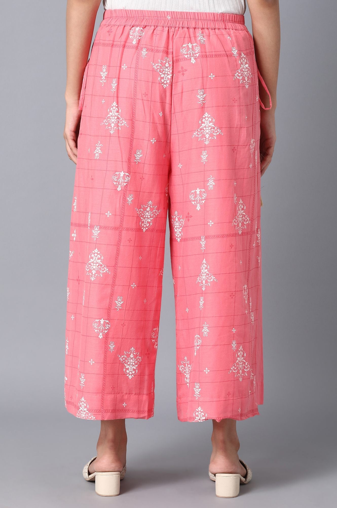 Pink Printed Wide Leg Cotton Palazzo With Drawstring Detail