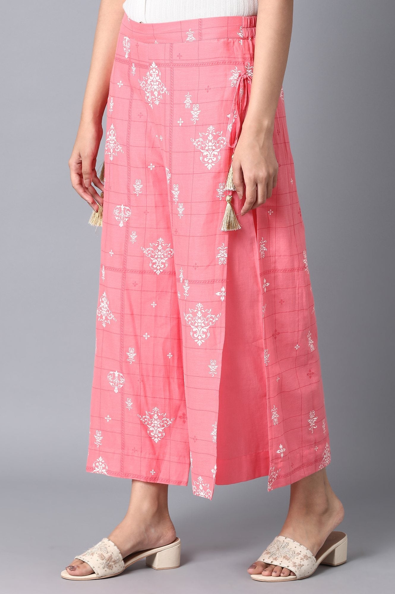 Pink Printed Wide Leg Cotton Palazzo With Drawstring Detail
