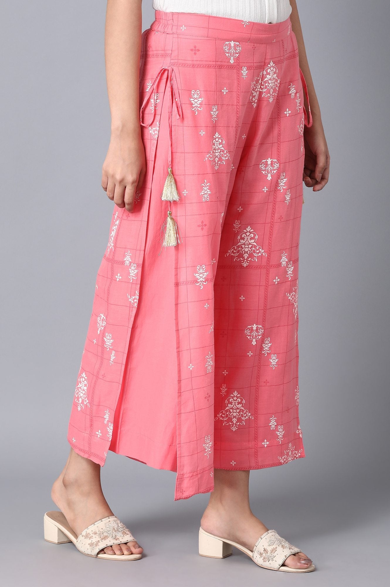 Pink Printed Wide Leg Cotton Palazzo With Drawstring Detail