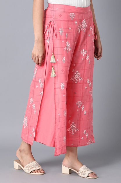 Pink Printed Wide Leg Cotton Palazzo With Drawstring Detail