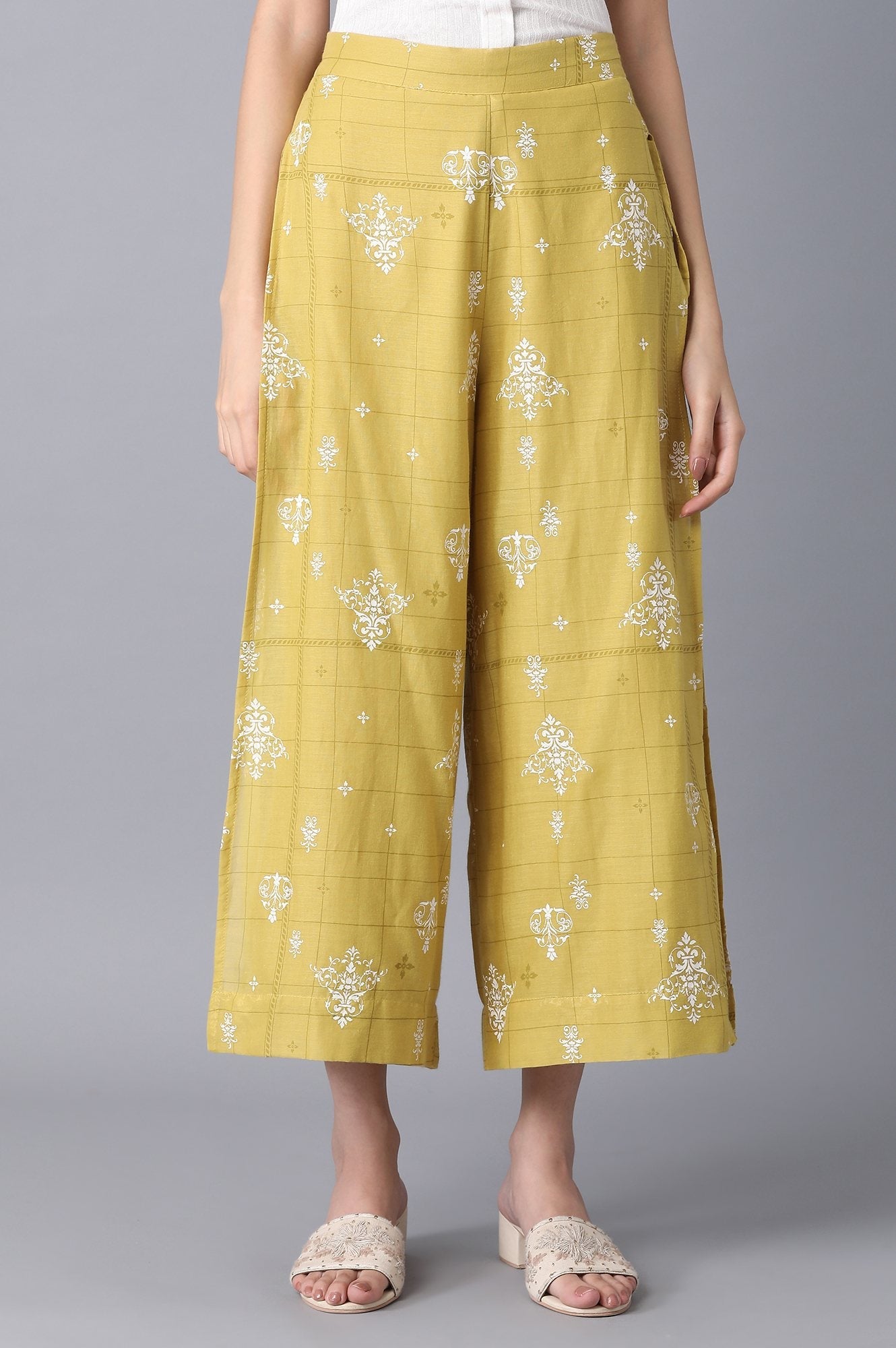 Yellow Printed Wide-leg Cotton Palazzo with Drawstring