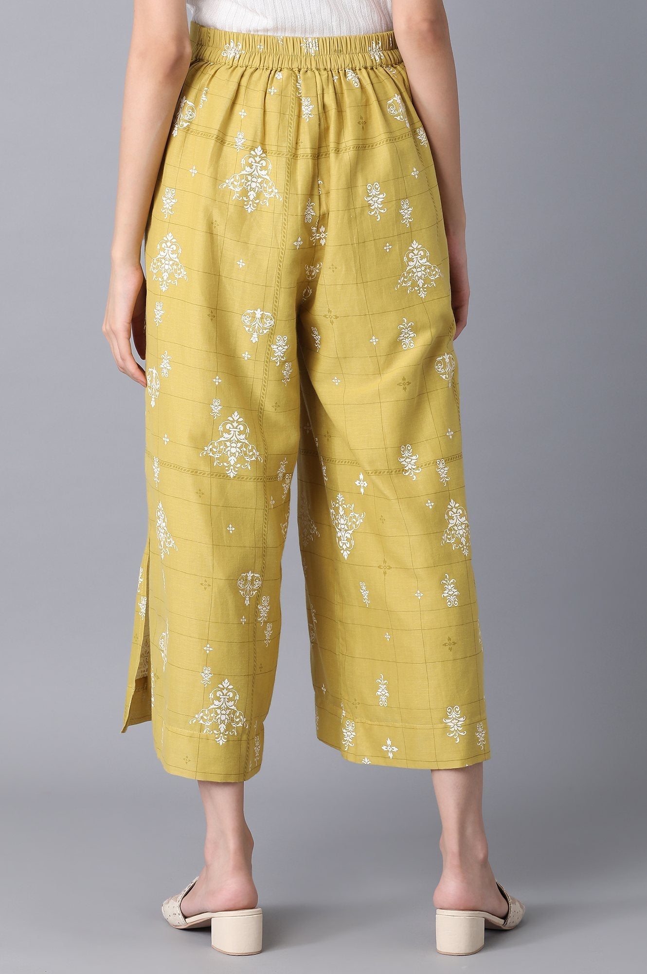 Yellow Printed Wide-leg Cotton Palazzo with Drawstring
