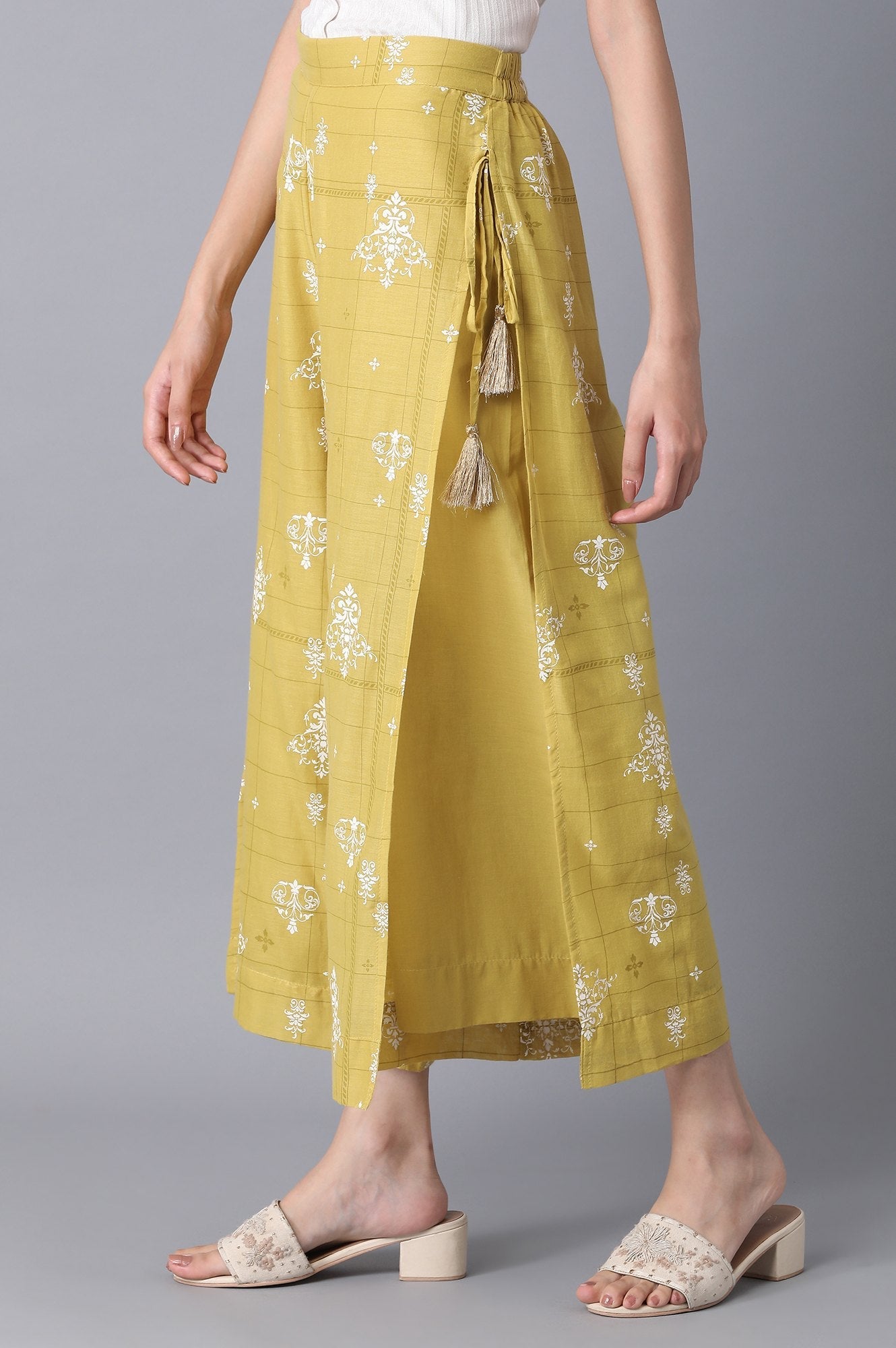 Yellow Printed Wide-leg Cotton Palazzo with Drawstring