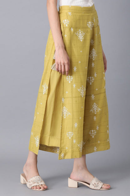Yellow Printed Wide-leg Cotton Palazzo with Drawstring