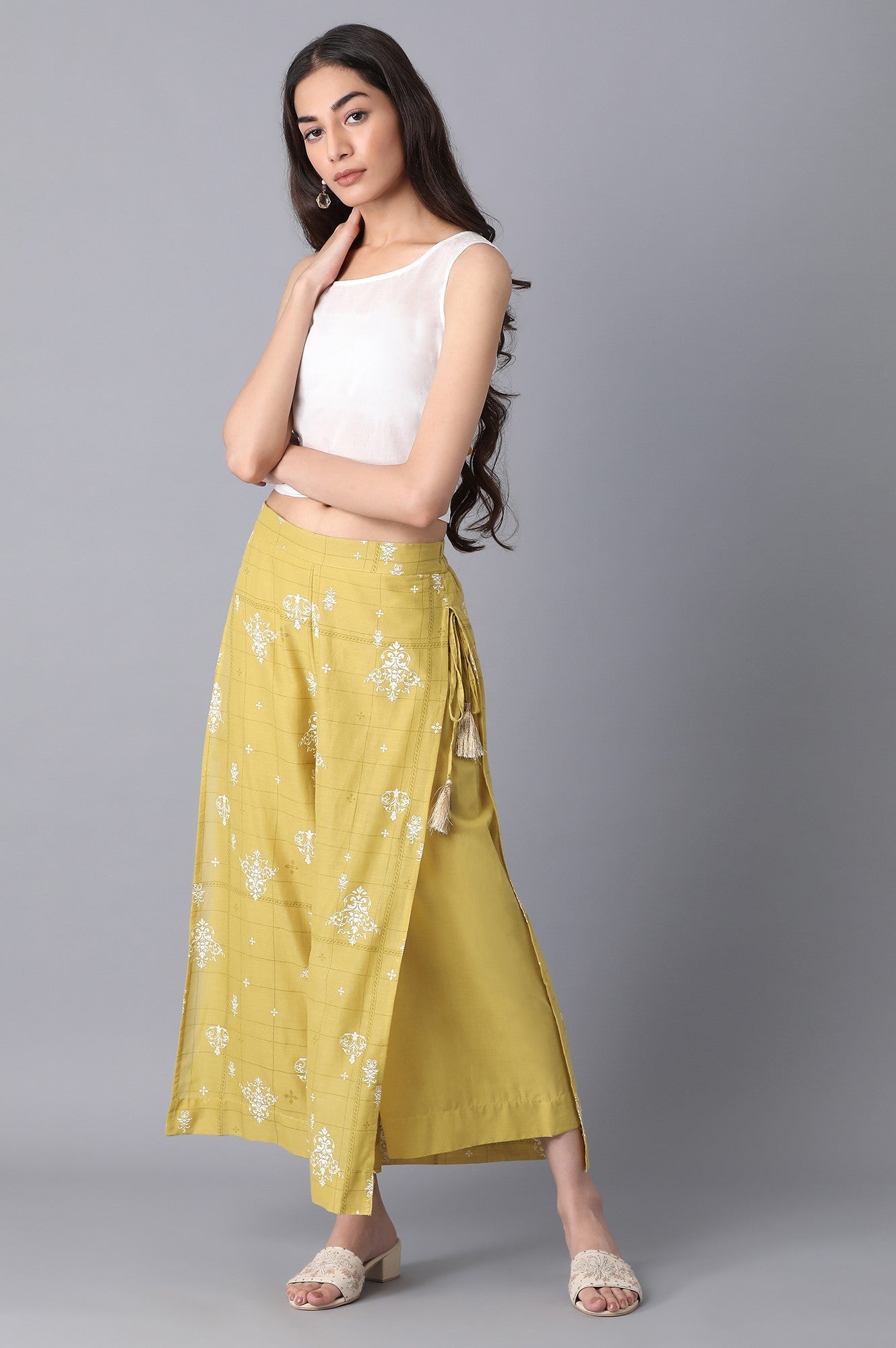Yellow Printed Wide-leg Cotton Palazzo with Drawstring