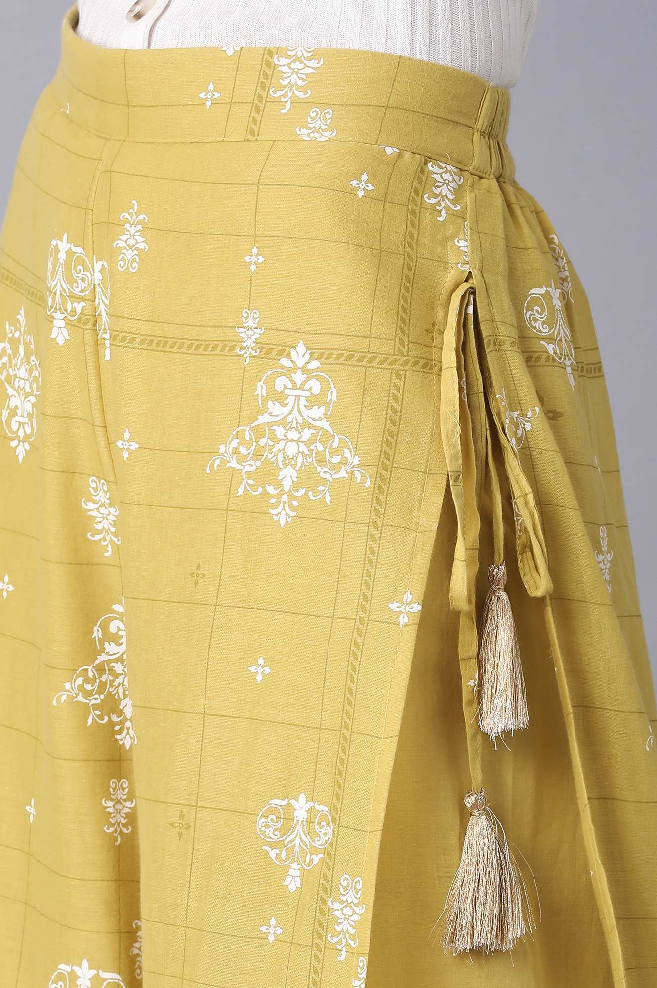 Yellow Printed Wide-leg Cotton Palazzo with Drawstring