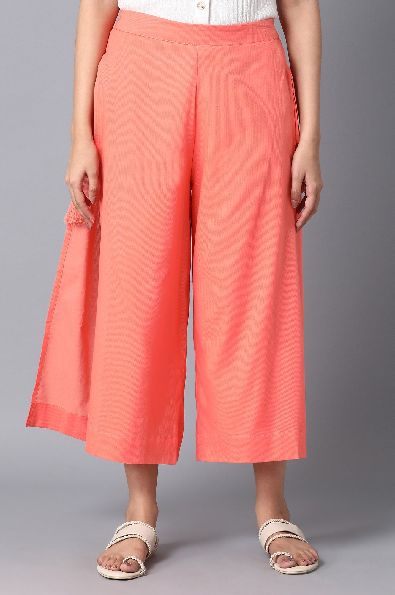Peach Solid Straight Fit Cotton Culottes With Drawstring