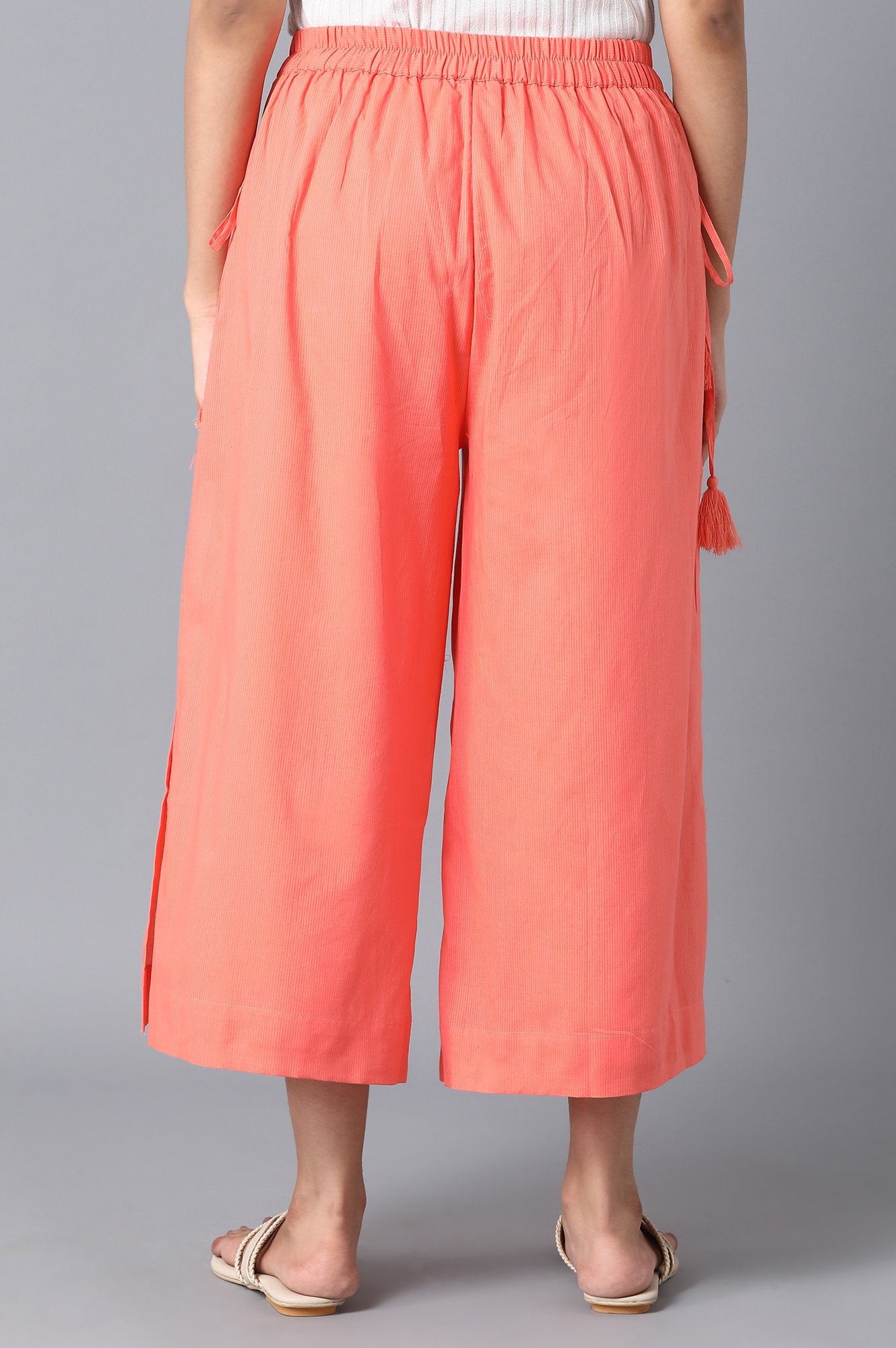 Peach Solid Straight Fit Cotton Culottes With Drawstring