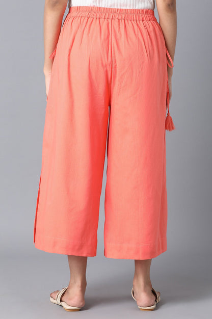 Peach Solid Straight Fit Cotton Culottes With Drawstring