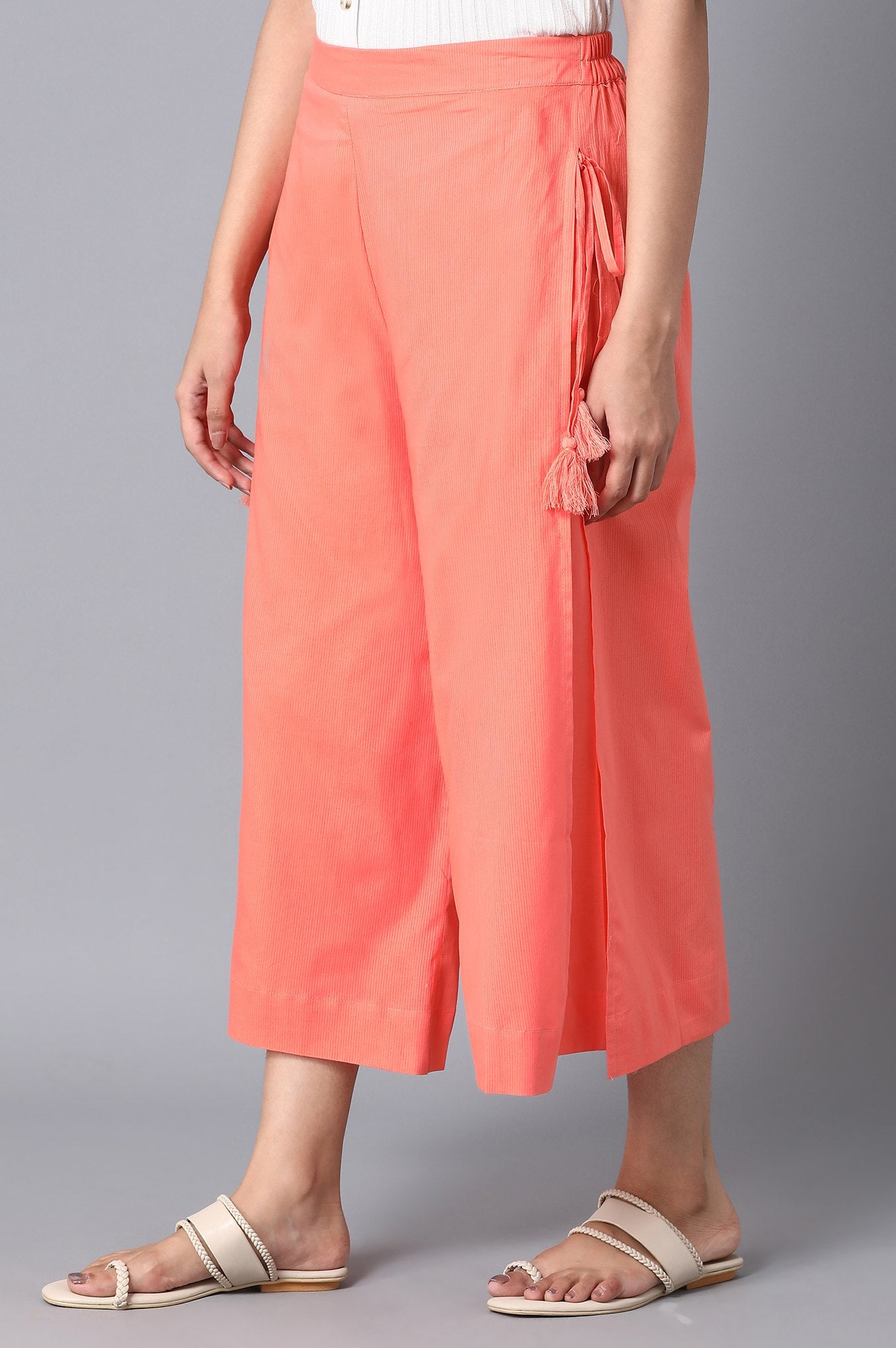 Peach Solid Straight Fit Cotton Culottes With Drawstring