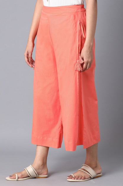 Peach Solid Straight Fit Cotton Culottes With Drawstring