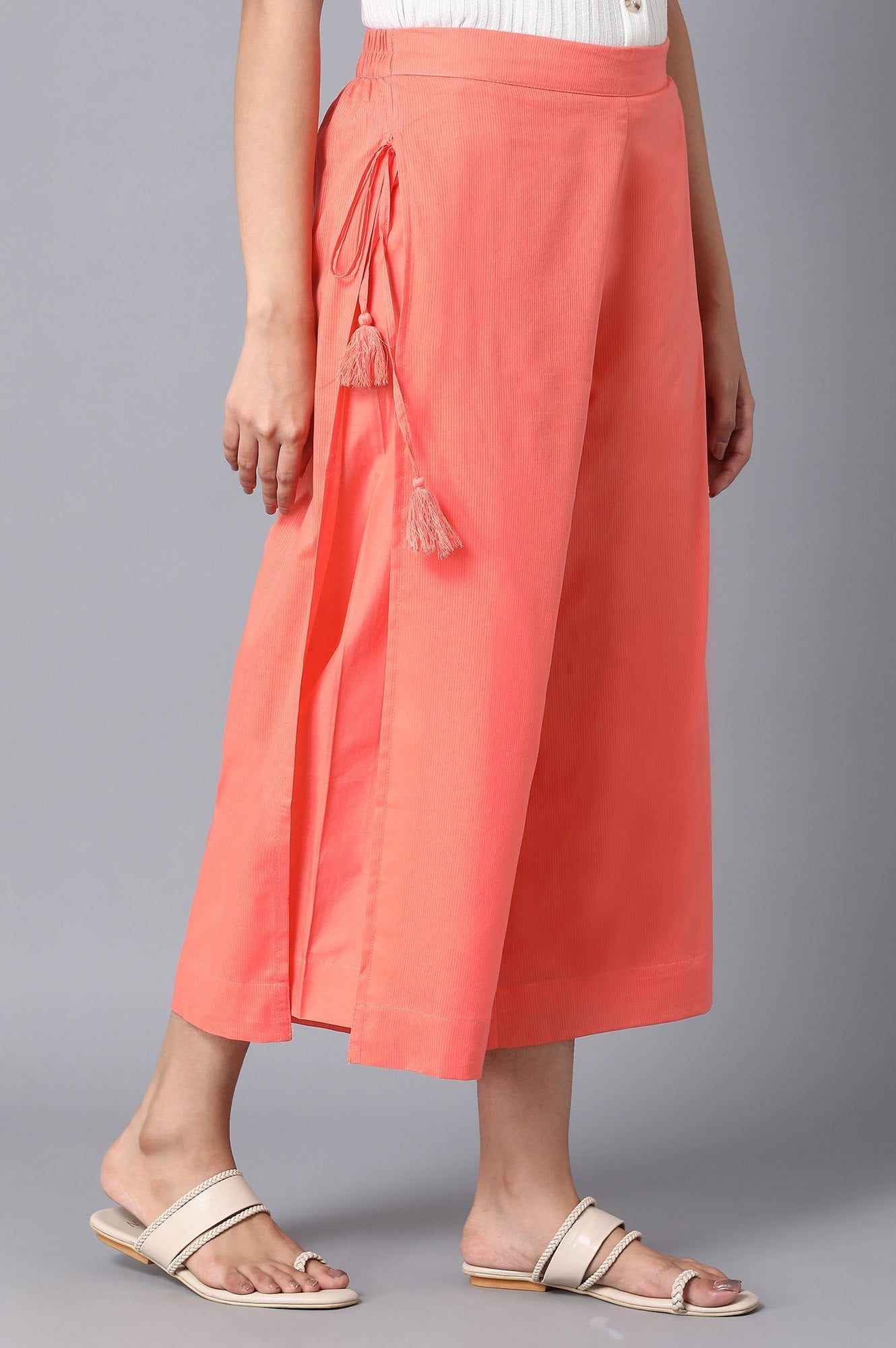 Peach Solid Straight Fit Cotton Culottes With Drawstring