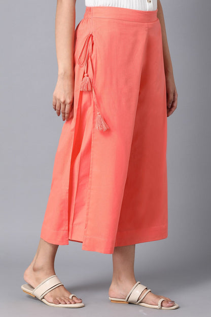 Peach Solid Straight Fit Cotton Culottes With Drawstring