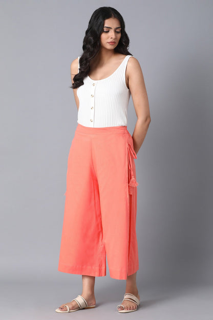 Peach Solid Straight Fit Cotton Culottes With Drawstring