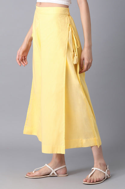 Yellow Solid Wide Leg Cotton Culottes With Drawstring Detail