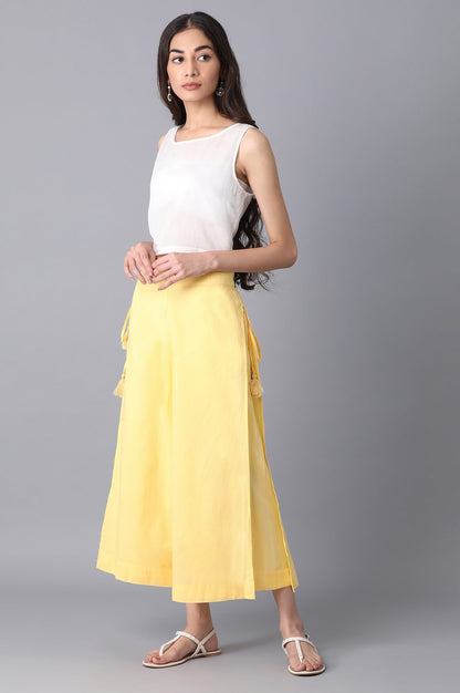 Yellow Solid Wide Leg Cotton Culottes With Drawstring Detail