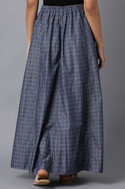 Blue Geometric Printed Flared Cotton Skirt With Side Pockets