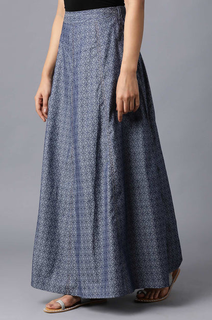 Blue Geometric Printed Flared Cotton Skirt With Side Pockets