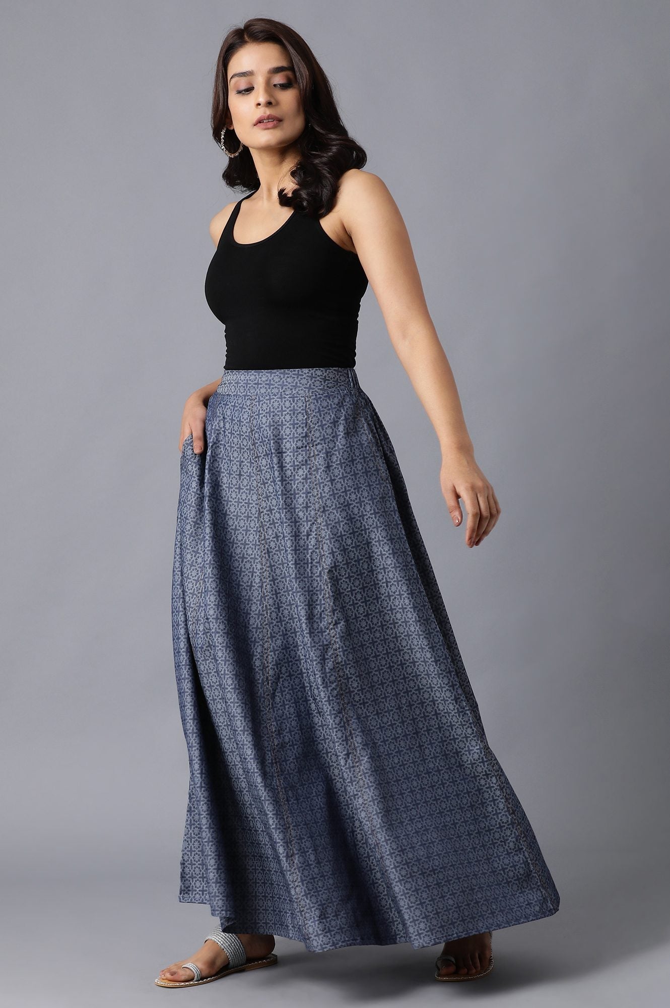 Blue Geometric Printed Flared Cotton Skirt With Side Pockets