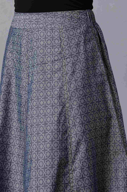 Blue Geometric Printed Flared Cotton Skirt With Side Pockets