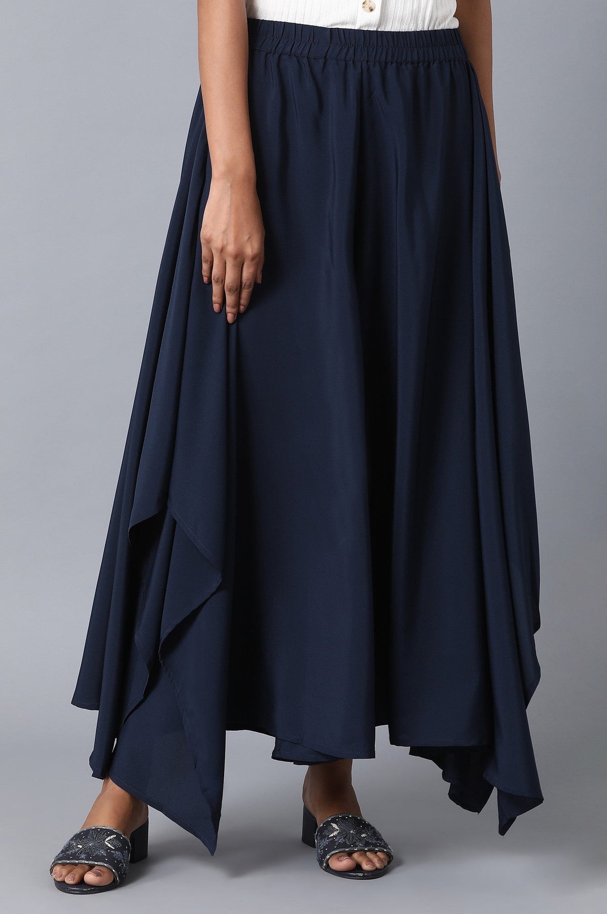 Elleven Women's Navy Blue Solid Flared Woven Palazzo With Elasticated Waist - XS