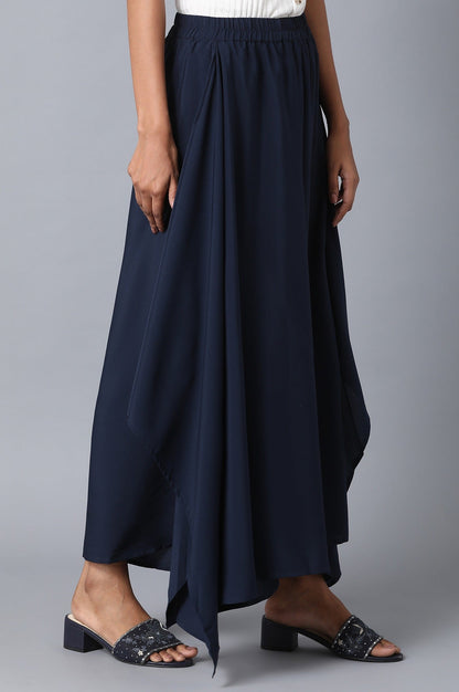 Navy Blue Solid Flared Woven Palazzo With Elasticated Waist